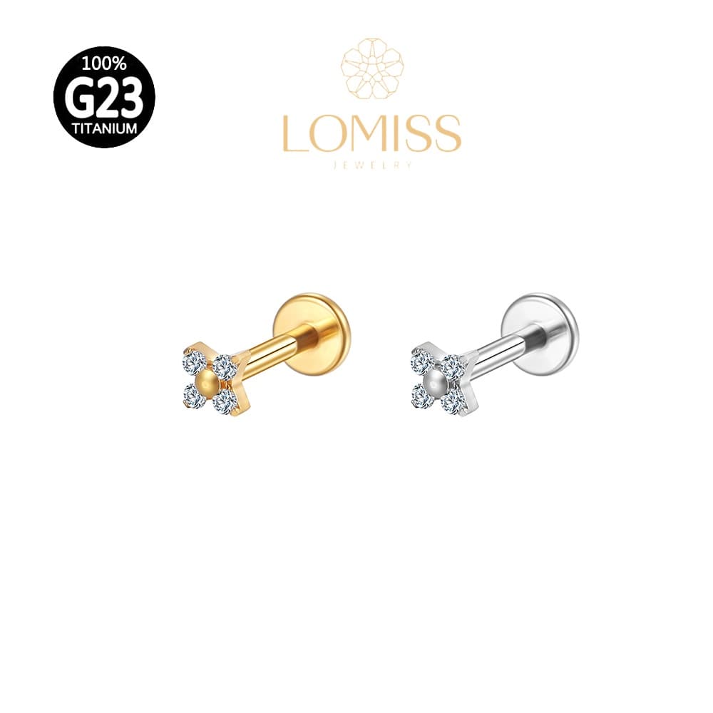 Piercing labret  PVD Titânio G23 Labret Flor 4 Petalas Zircônia Tragus 1.2X8mm 《Lomiss  piercing》