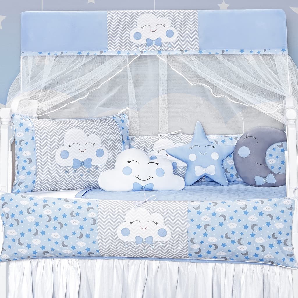 Kit Protetor Berço Lua Nova Almofadas e Protetores 8 Peças Azul Menino Estrela