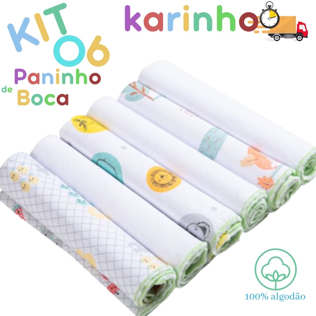 Pano de boca 6 Unidades 100% algodão KIT Fralda de boca de Bebe Babete 30cmx30cm Papi