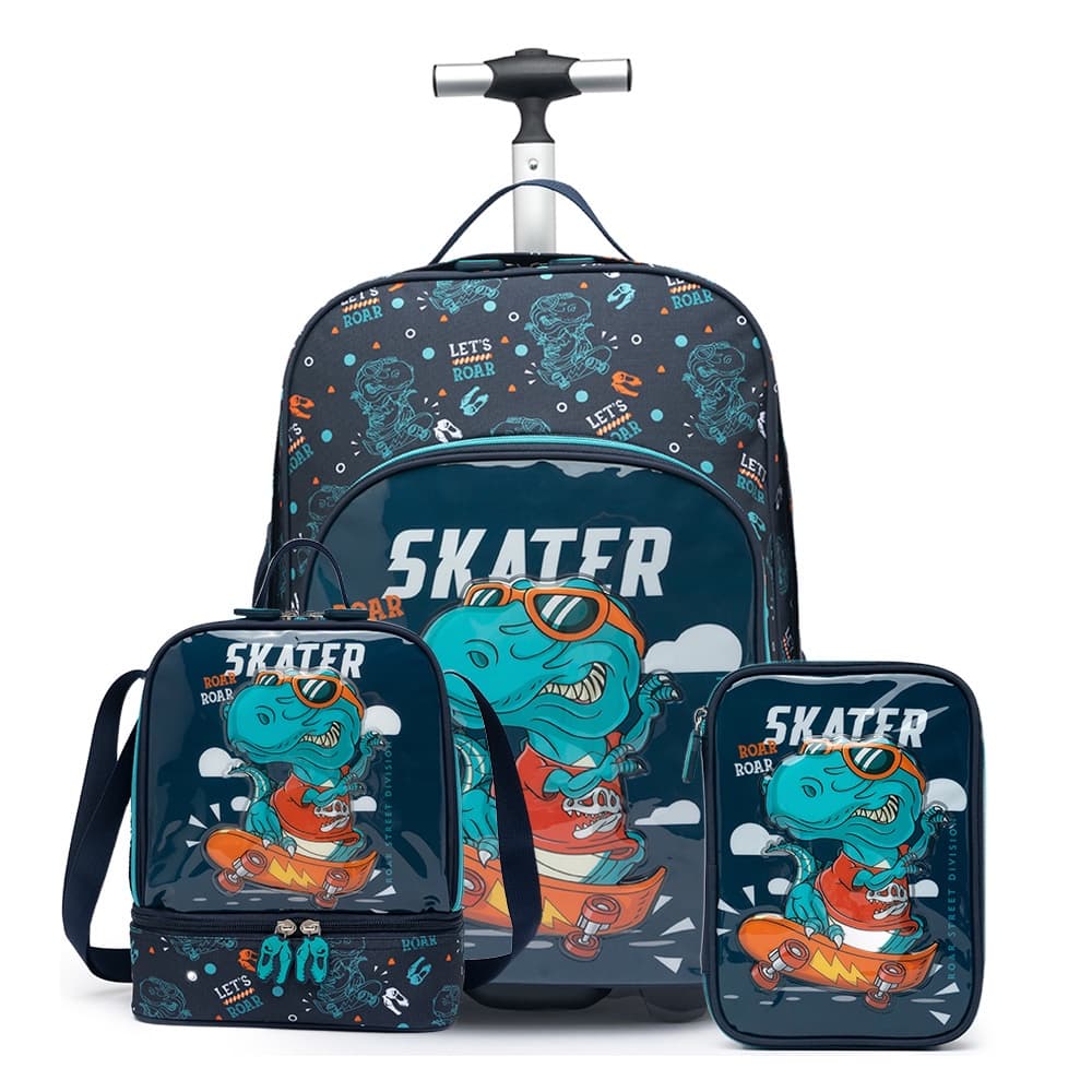Mochila Lancheira Estojo Infantil Rodinhas Menino Dino Skate Escolar