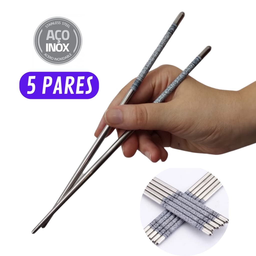 Kit 5 Pares Hashi (10 Palitos) Palitinho Japones Aço Inox Resistente Higiênic para Comida Japonesa Oriental