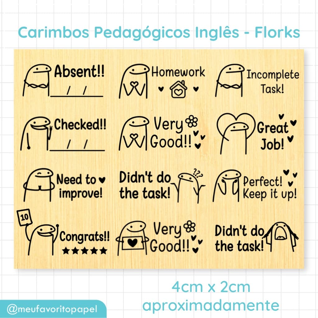 Carimbo Pedagógico INGLÊS Flork Meme - Carimbo Escolar Infantil para Professores 4cm