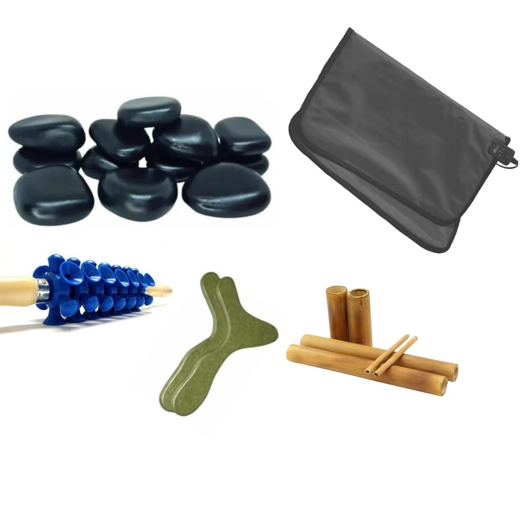 Kit 12 Pedras de massagem vulcanicas basalto + Pantala + Bambu + Ventosa + Bolsa Térmica aquecer