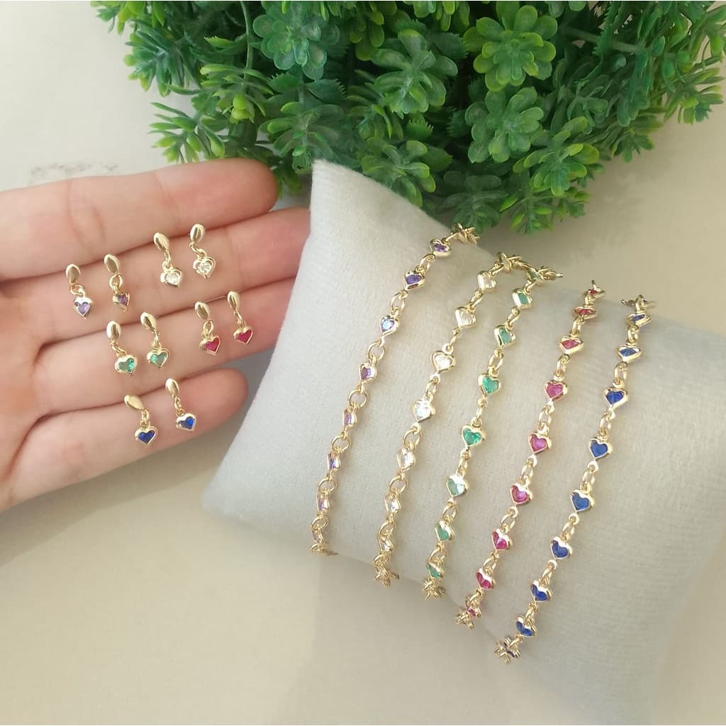 Pulseira + Brinco infantil Menina com coração Banho de Ouro