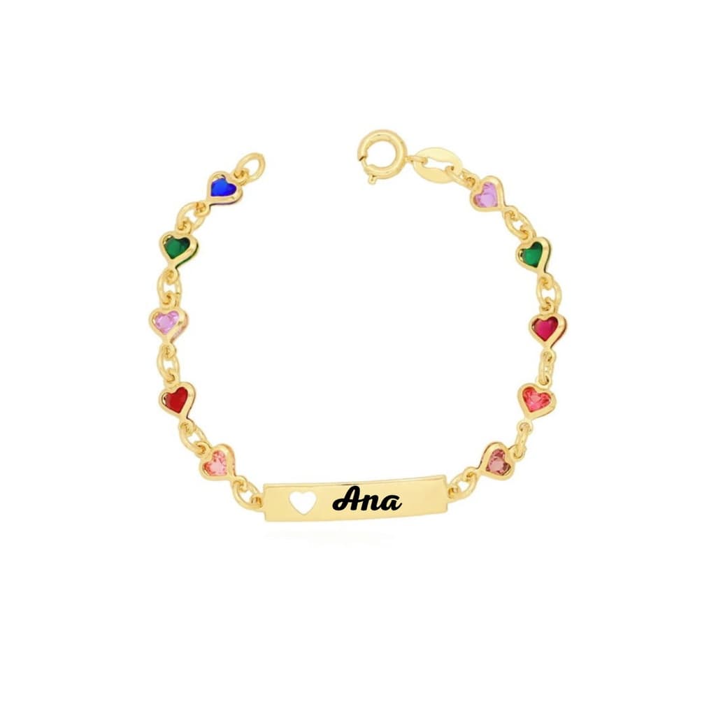 Pulseira infantil Menina Chapa Coração Colorido Banhado a Ouro 18k