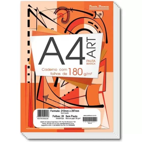 Bloco de Desenho A4 Branco Sem Margem Técnico 180grs 20Fls Pauta Branca
