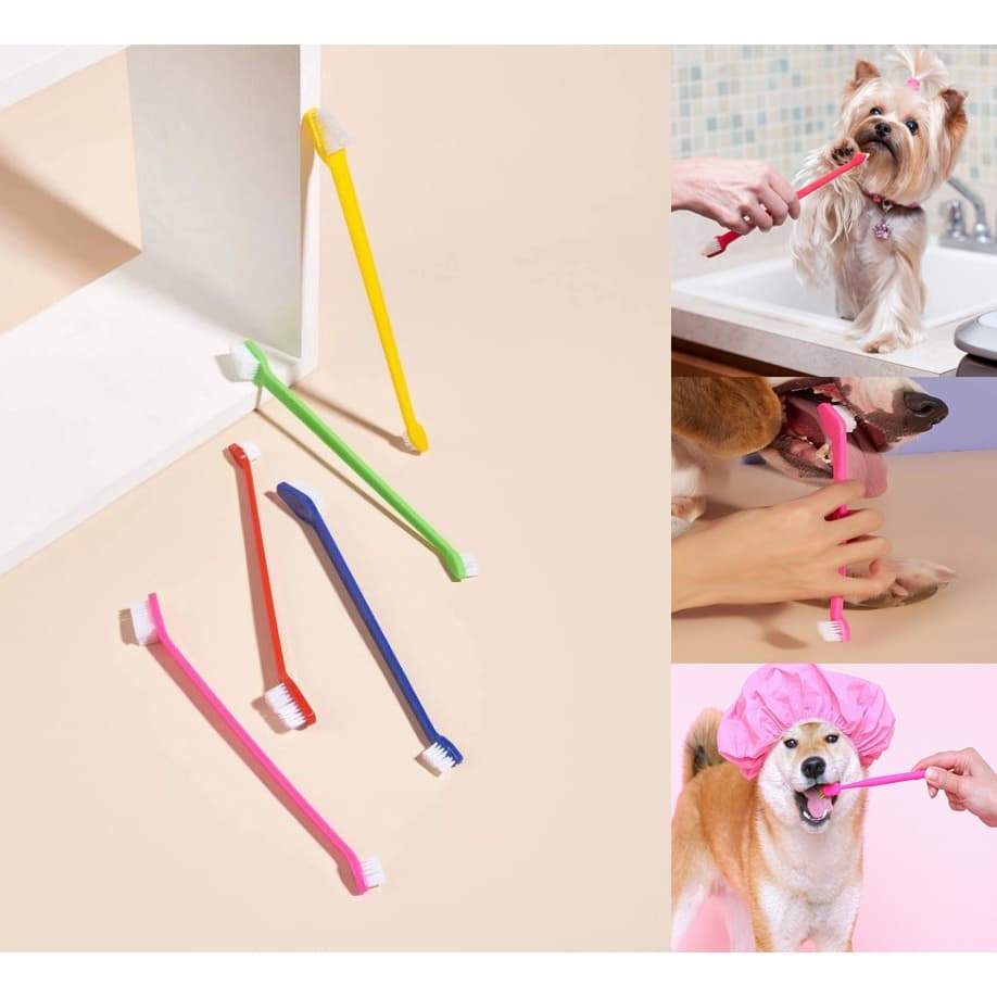 Kit Com 12 Escovas De Dente Dupla Cabo Longo Cuidado Bucal Higiene Cachorro Gato Material Resistente Qualidade LR-0148