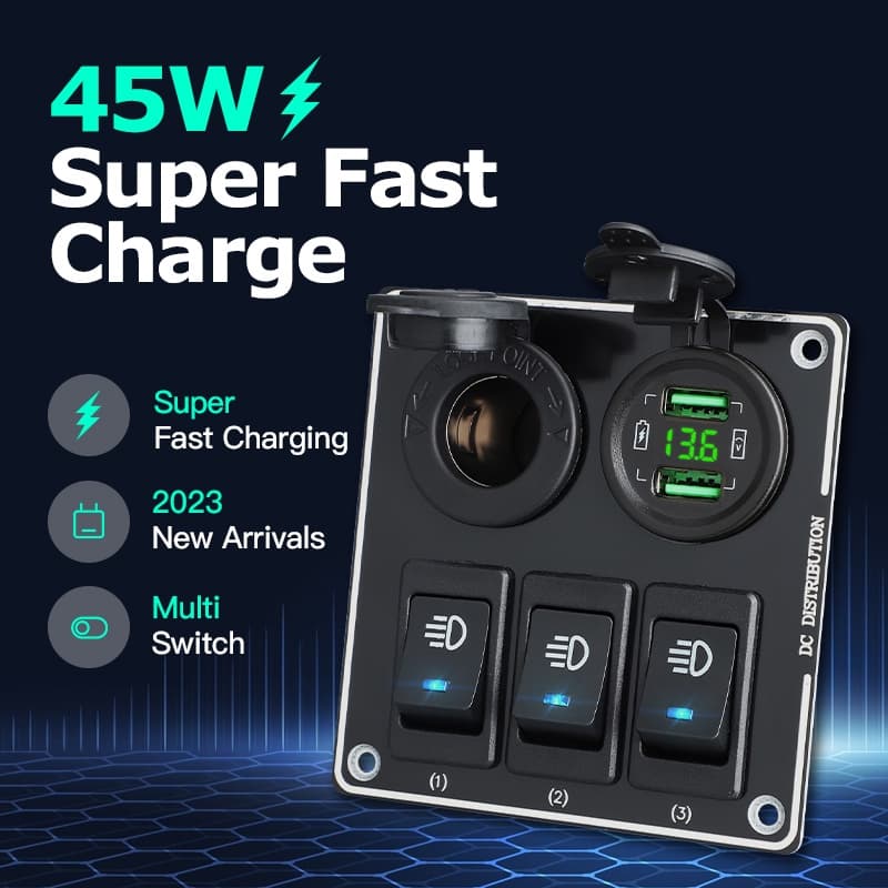 12/24V 45W Acessórios de carro Dual USB tipo de carga c adaptador de carregamento rápido QC Voltímetro Power Socket 3 Gang Waterproof Marine Boat Rocker Switch Panel
