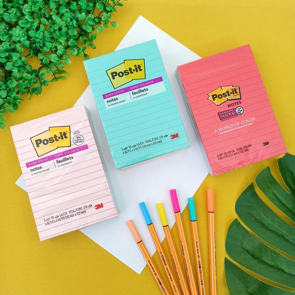 Bloco Adesivo Pautado Post-It® Retangular 3 Cores 101 mm x 152 mm 270 Folhas - 3M | Notas Adesivas