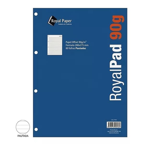 Bloco Refil Folhas Para Fichário A4 Universitario Pautado 90g Royal Paper 80f
