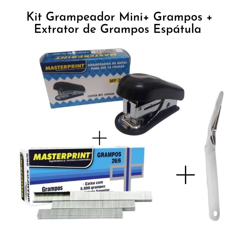 Kit Grampeador Mini Com 5.000 Grampos 26/6 + Extrator de Grampos Espátula Escolar Escritório MASTERPRINT