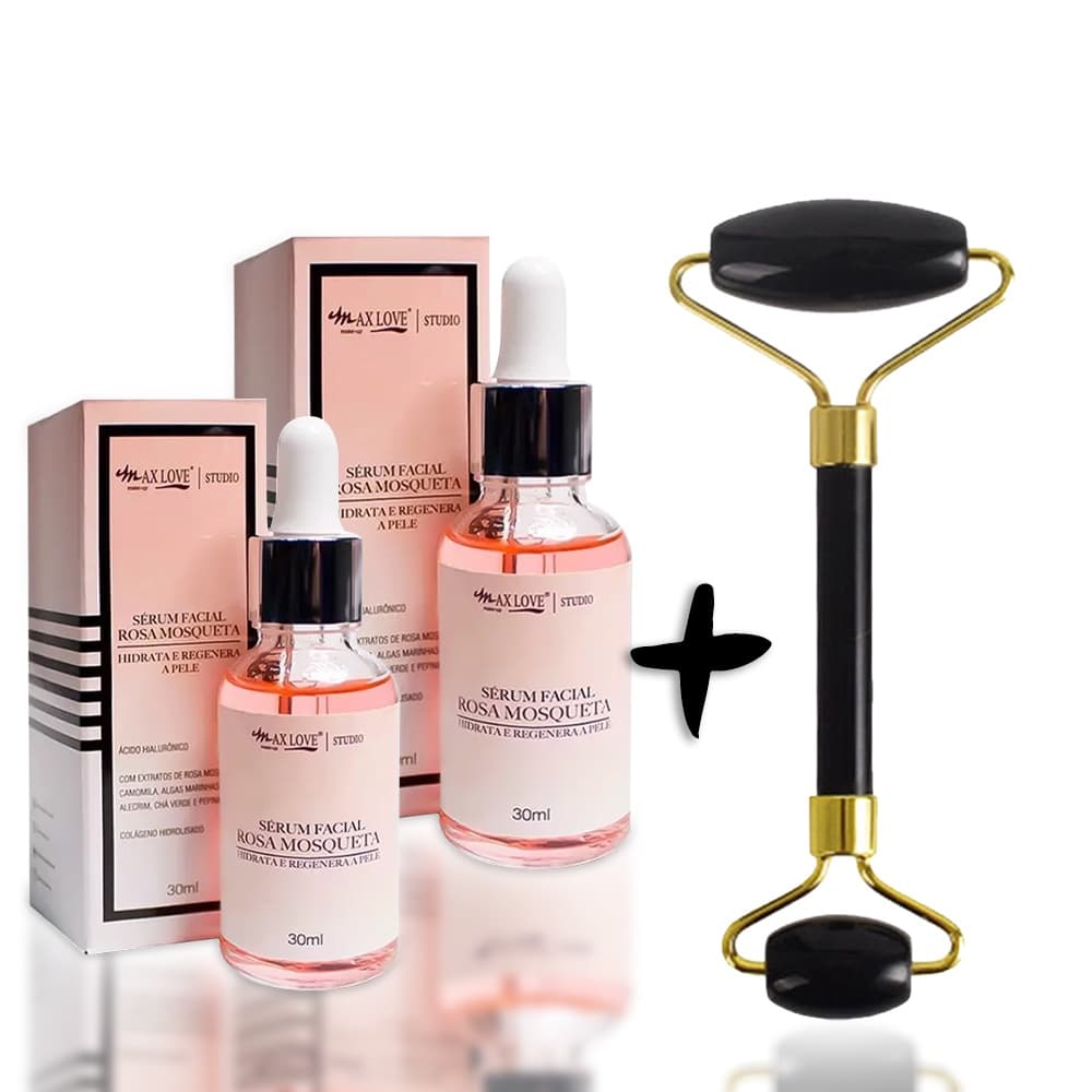 Kit Sérum facial 2 + Rolinho Pedra Jade Sérum Rosa Mosqueta Sérum Dia e Noite