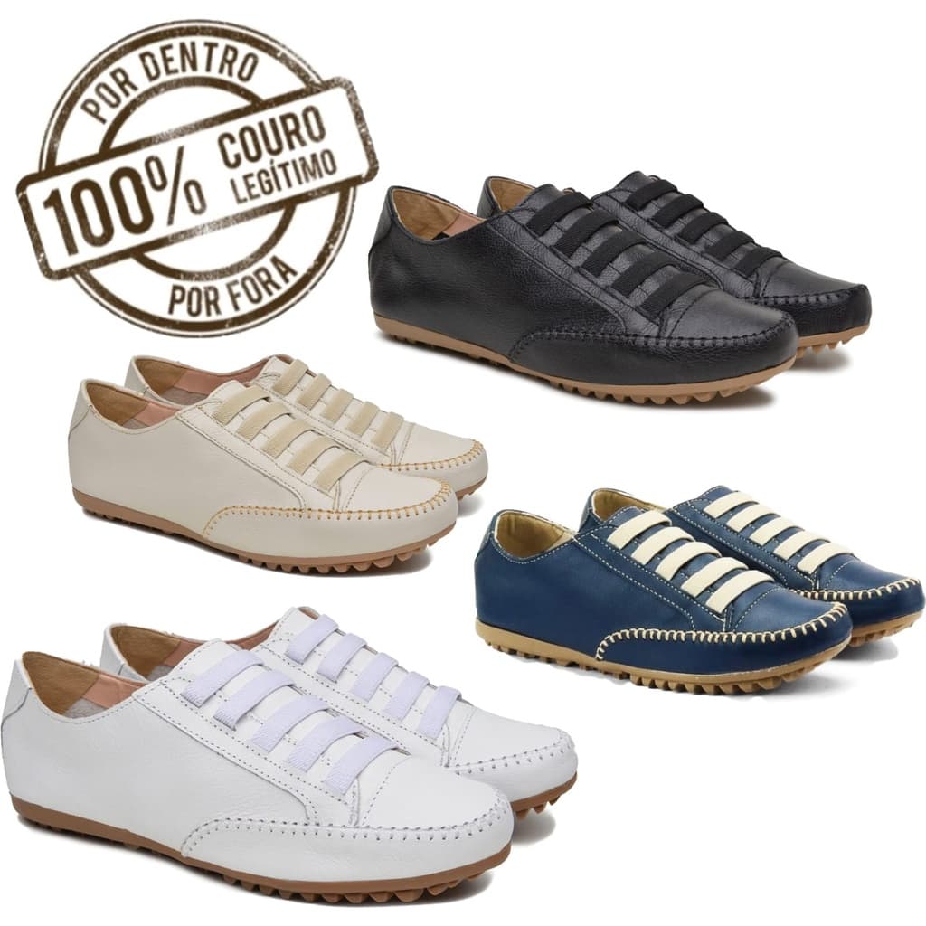 Tênis Feminino Sapatênis Casual Mocassim Todo Em Couro Super Leve 4 Cores