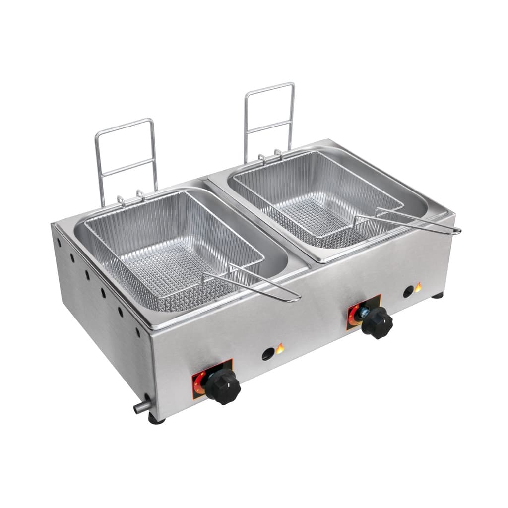 Fritadeira 2 cubas com 5 litros cada a gás inox C/ 2 Cestos Fritura Pastel Salgados Porções