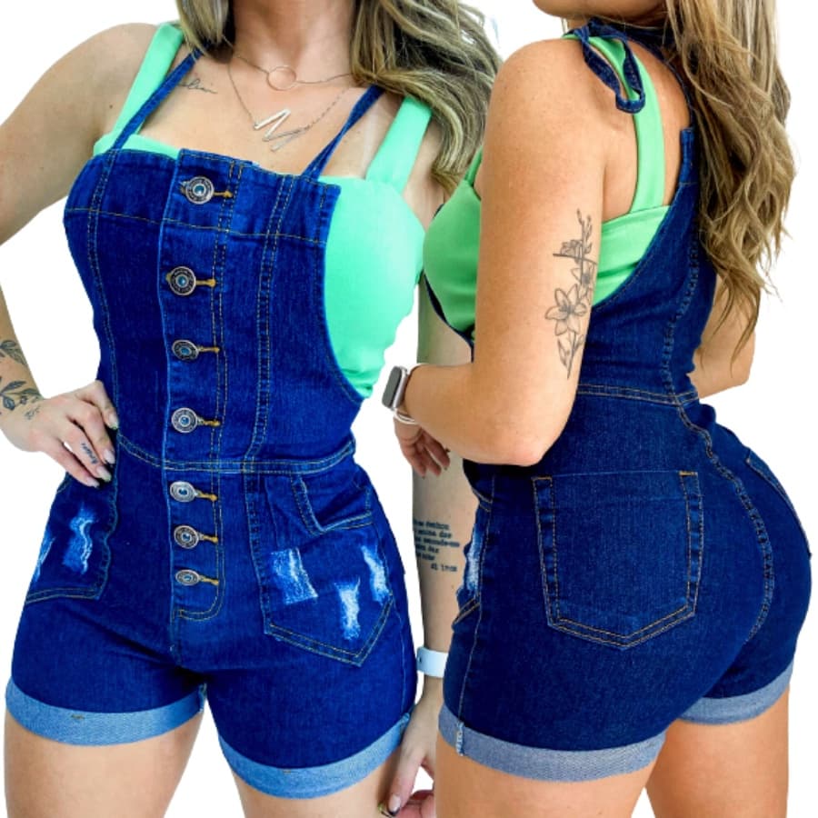 Jardineira Feminina Jeans Macaquinho De Botões Short Curto Lançamento Com Strech