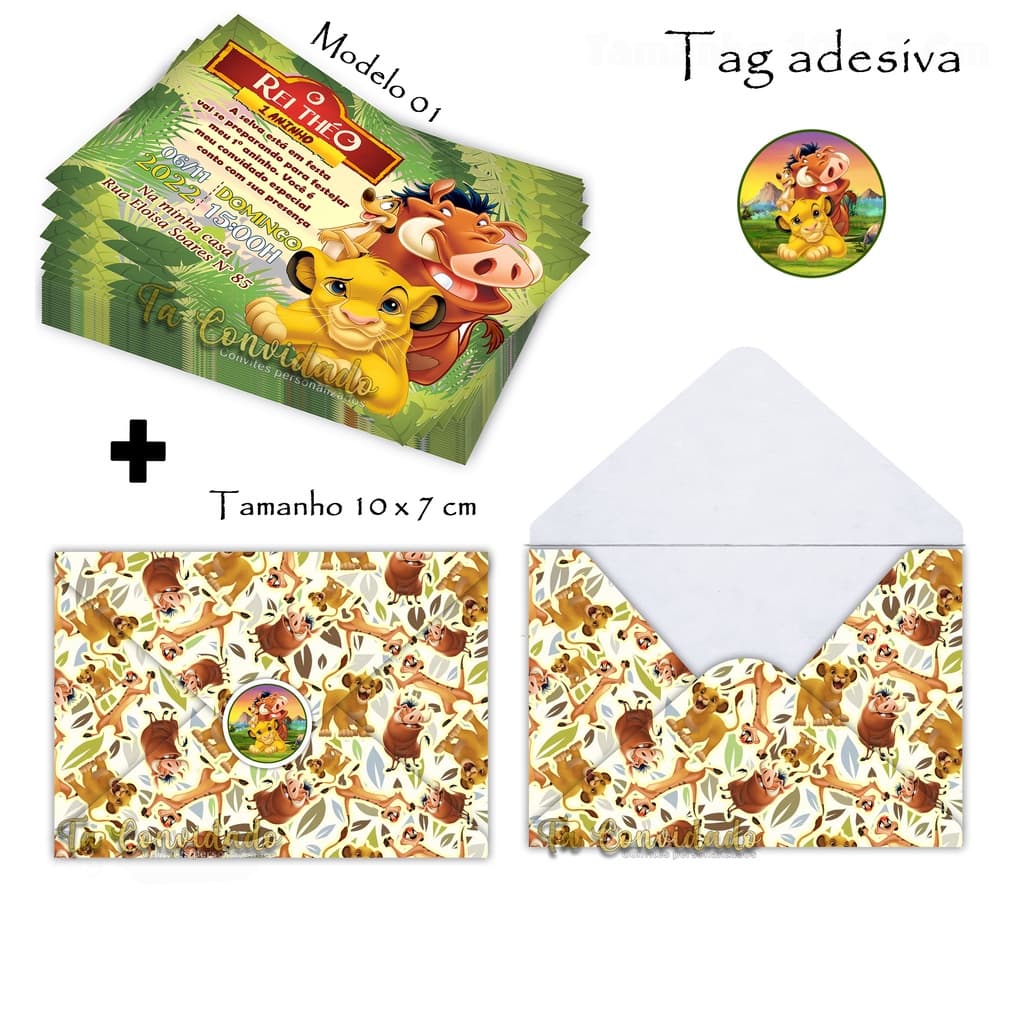 Convites Personalizados Rei Leão 10x7cm Aniversário infantil + Envelope + Tag