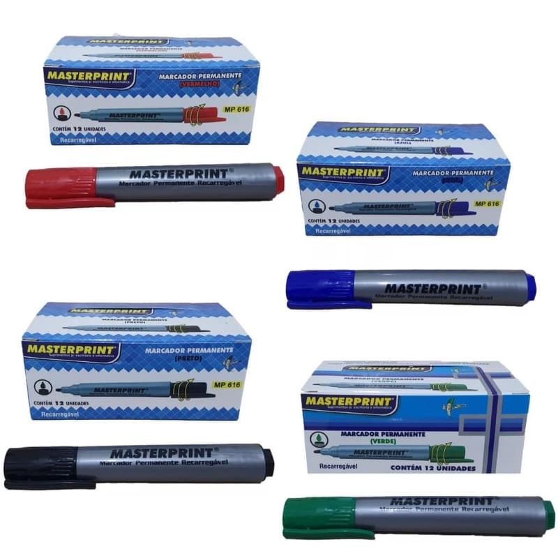 Pincel Marcador Permanente Caixa com 12 Unidades Recarregável Caneta Permanente Diversas Cores Masterprint