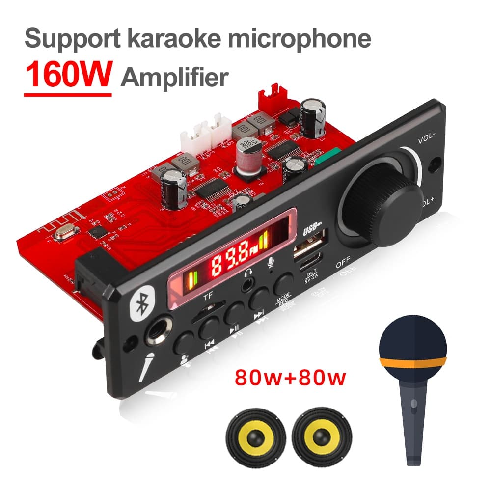 160W Amplificador Bluetooth 5.0 MP3 Decodificador Placa 12V Carro MP3 USB FM Gravação Dobrador Comutação