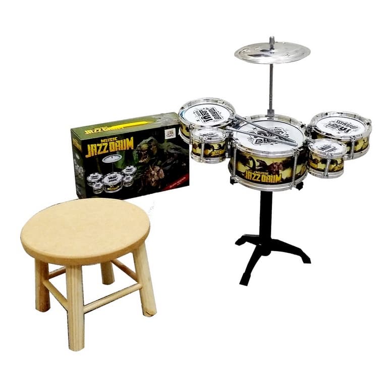 Mini bateria infantil Jazz Drum com duas baquetas  tambores e banquinho