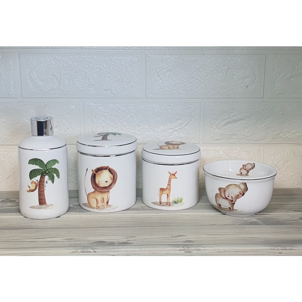 Kit 4 Potes Organizador Higiene Safari Porcelana Com Filete Prata