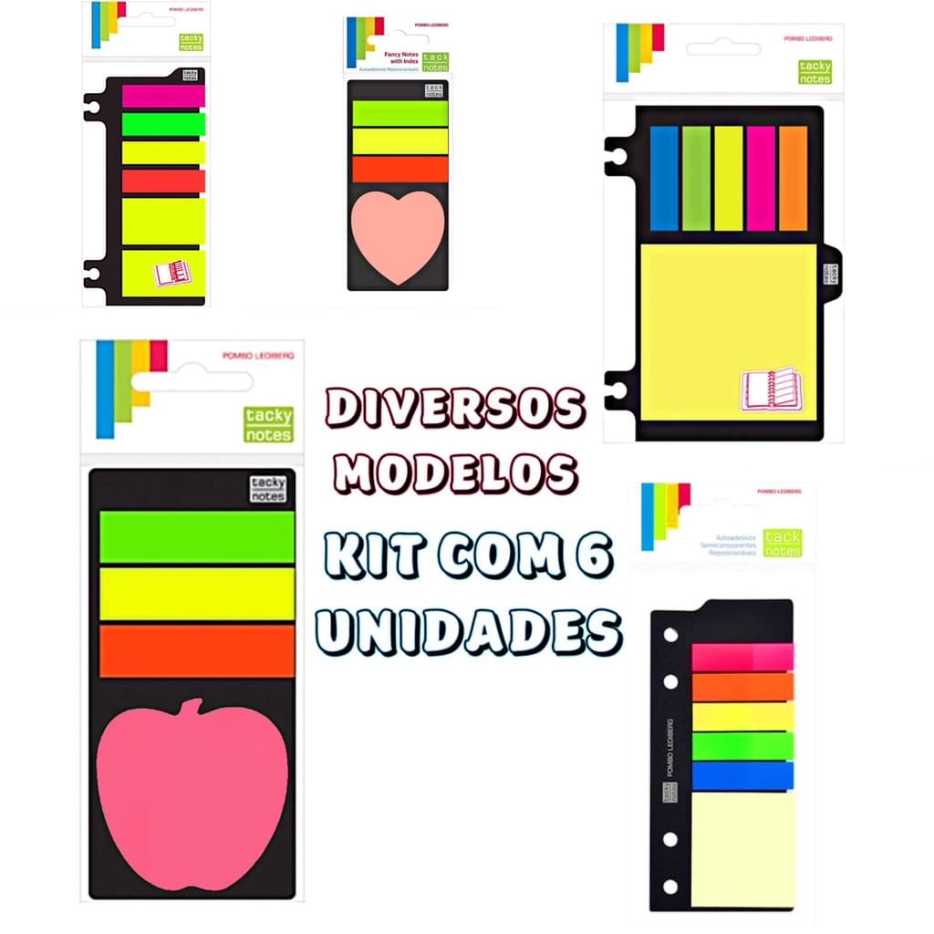 Kit 06 unidades Marcador de páginas coloridas com bloco de notas diversos modelos