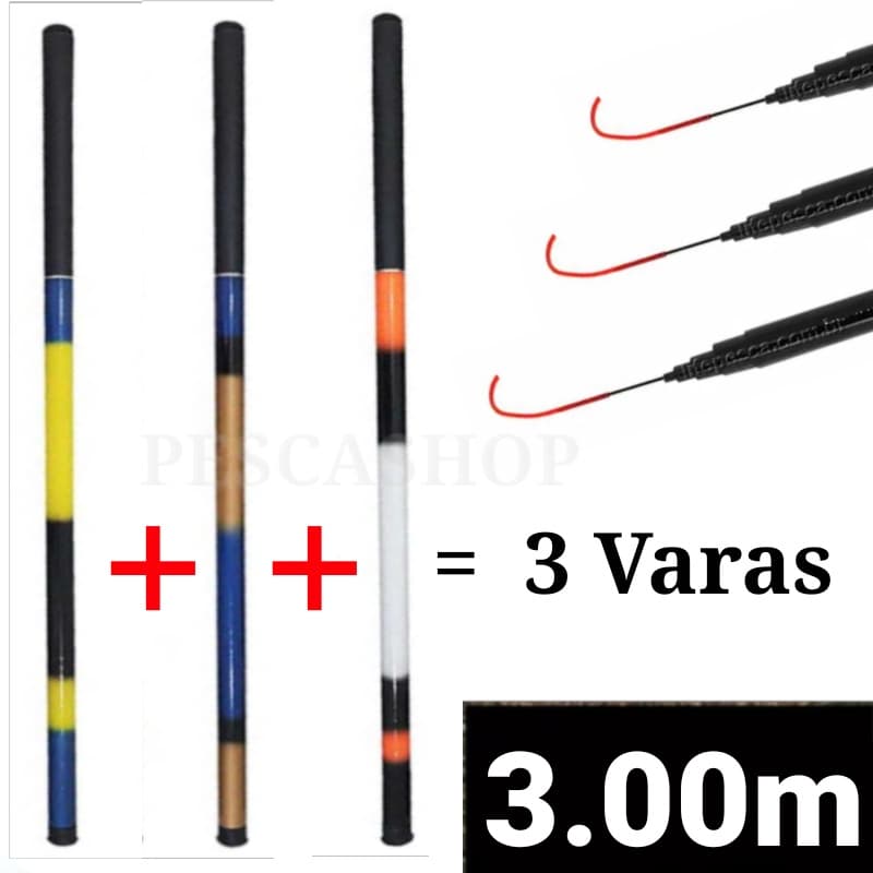 Kit 3 Varas Telescópicas Lisa 3,00M - 40% Carbono - Ação Lenta - C.W 7-17lbs ( 7,7kg ) - Cmik