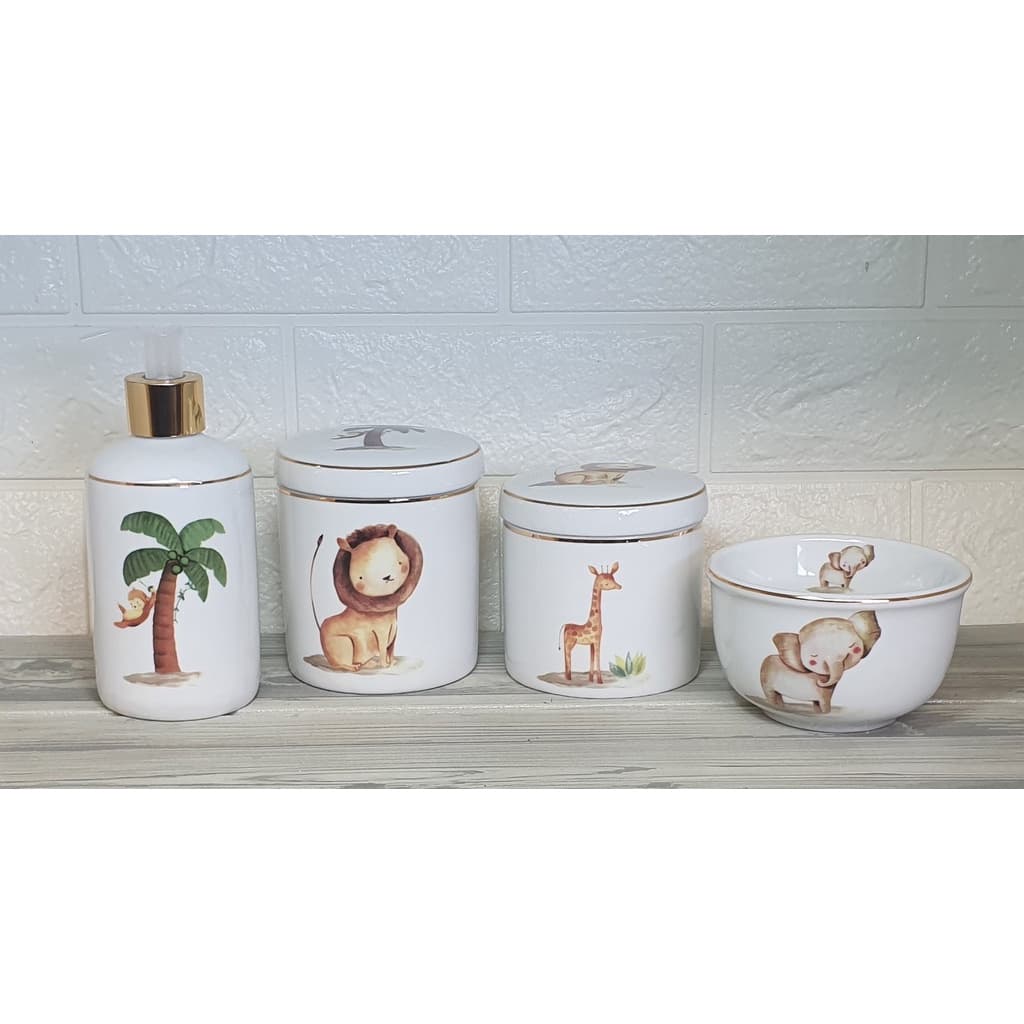 Kit Higiene Para Bebe 4 Pecas Bichinhos Safari Filete Ouro