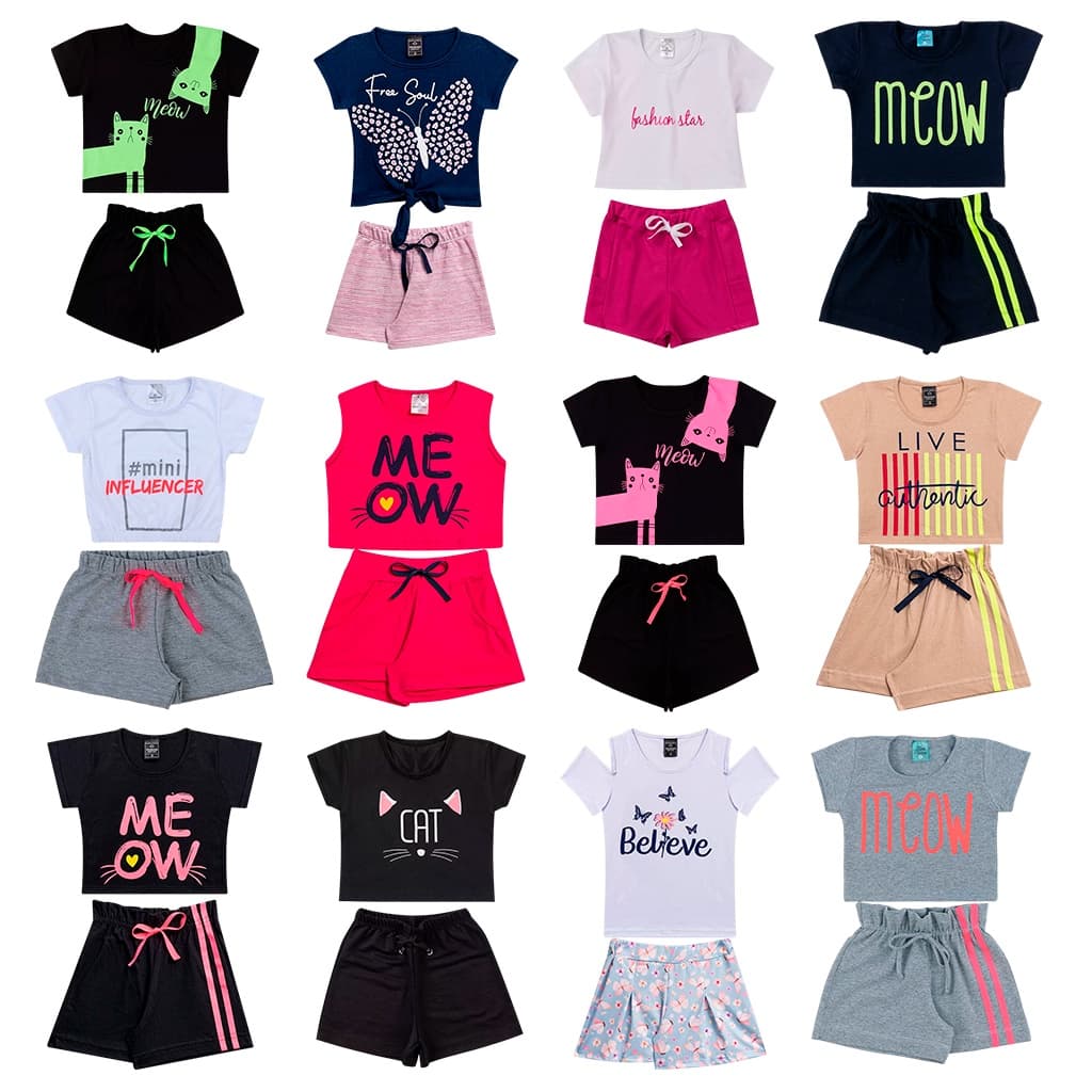 Kit Sortido 10 Peças de Roupas Infantil Menina 5 Blusas + 5 Shorts Kit com 5 Conjuntos de Menina
