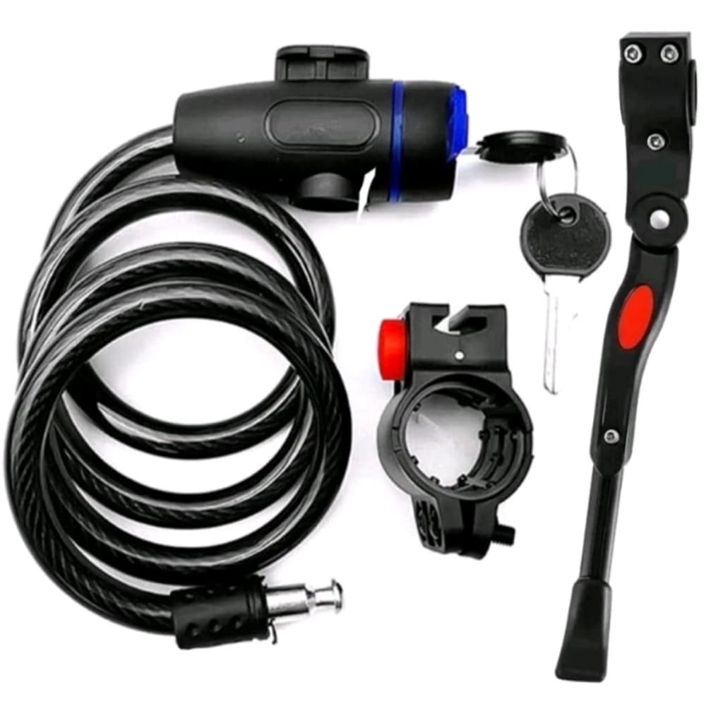 Trava Cabo De Aço Cadeado Segurança Bike Moto Espiral Anti-Roubo + Descanso Pezinho Para Bike Lateral Com Regulagem