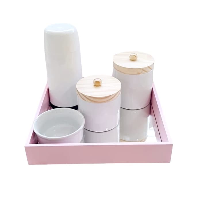 Kit Higiene Bebe Porcelana Branco Gelo Mini Garrafa Térmica, Bandeja Rosa Espelhada Com Puxador