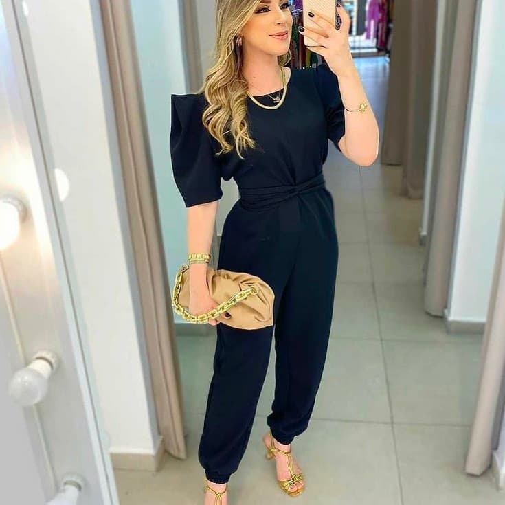 Macacão Feminino Longo Duna Manga Princesa Com Cinto Elegante