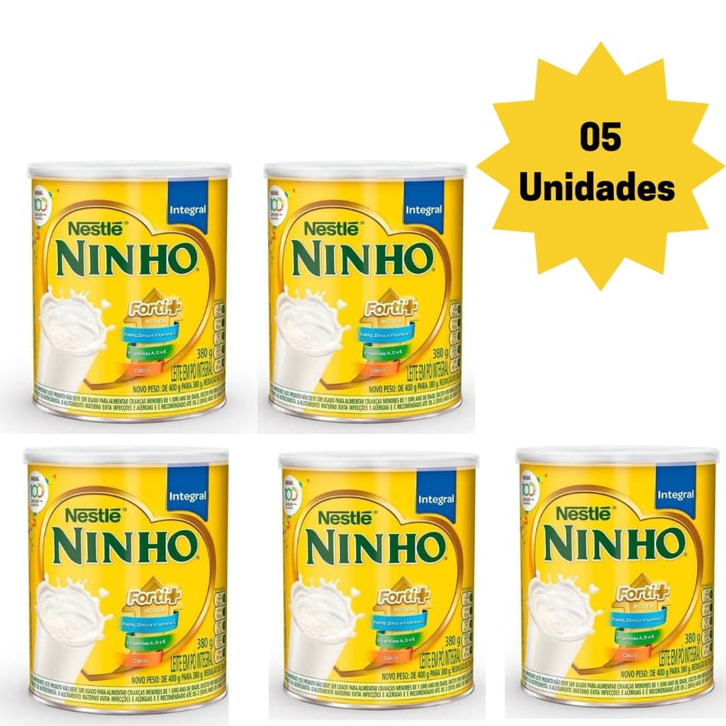 Kit 5 latas de Leite Ninho Integral 380g cada lata Validade longa