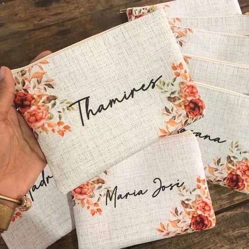 Necessaire Personalizada com nome estampa Linho, Floral Terracota,casamento, Noiva, Madrinha.