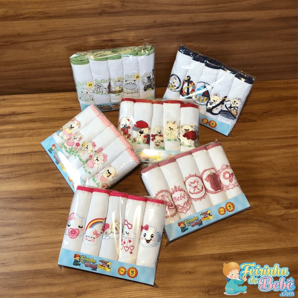 Kit 5 Fraldas de bebê bordada com viés 100% algodão 70x70 cm fraldinha fralda de pano
