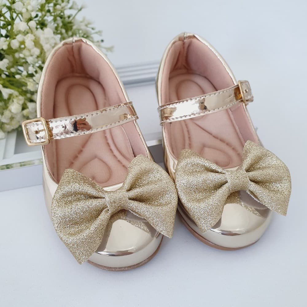 Sapatilha Infantil Feminina Confortável Dourada Laço Glitter Ponta 16 ao 34