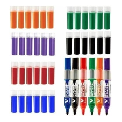 Kit 6 Pincéis Para Quadro Branco Recarregável + 36 Recargas