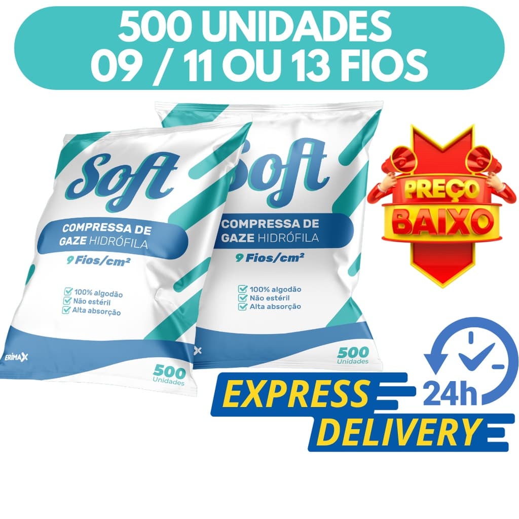 Compressa De Gaze 500 Unidades 13 Fios 11 Fios 9 Fios Soft Hidrófila Gazes Descartável Anvisa Soft