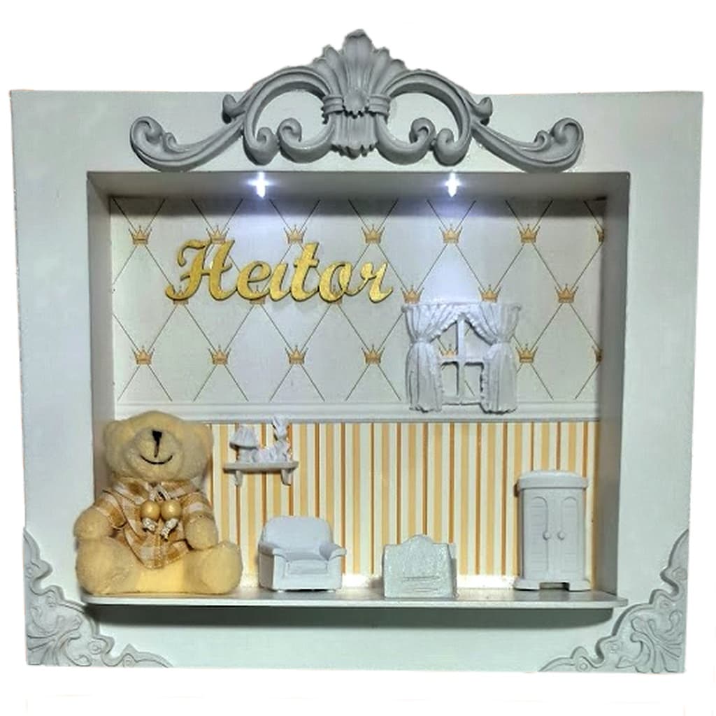 Quadro Enfeite De Porta Maternidade Cenário Led - Branco e Creme Ursinho Menino