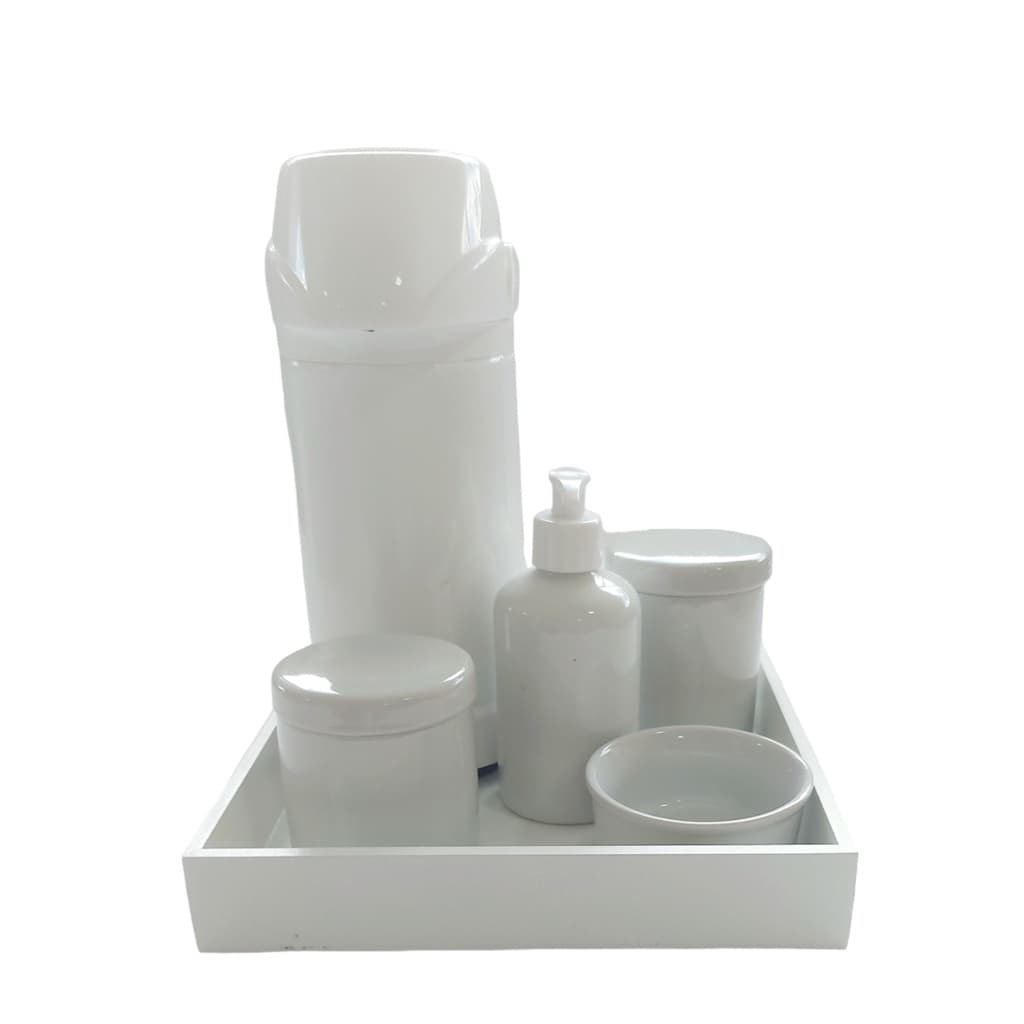 Kit Higiene Bebê Porcelana Menino Menina Potes Molhadeira Garrafa Térmica Pump Saboneteira e Bandeja Branca