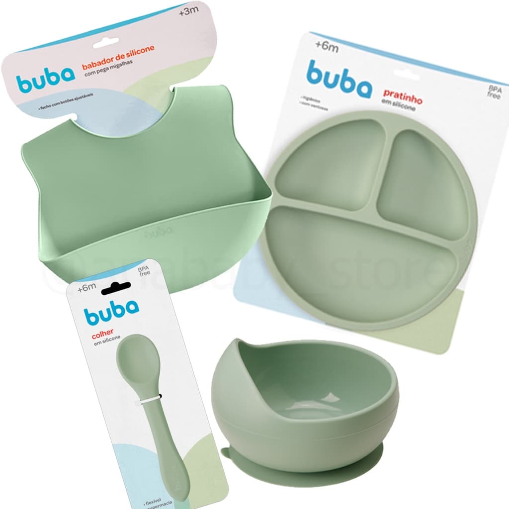 Kit 4 Peças introdução alimentar Buba Silicone Prato Divisória Bowl Ventosa  Babador Colher Talher