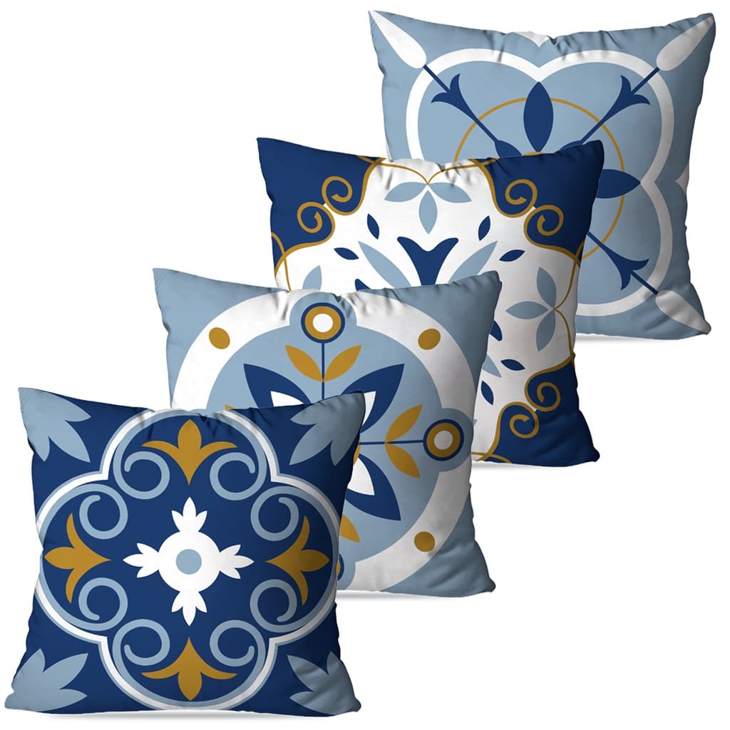 Kit 4 Capas de Almofadas para Sofá Estilo Azulejo Azul Dcorô 45x45 cm