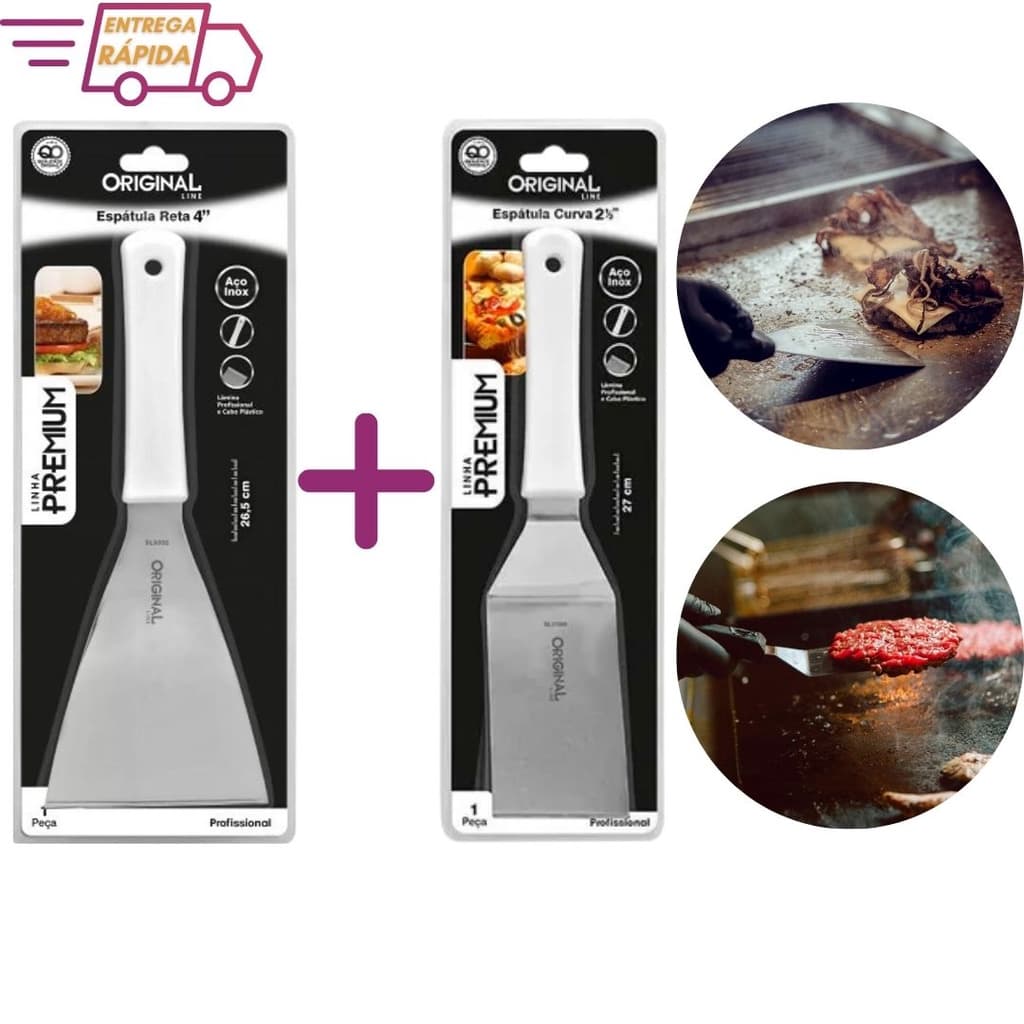 Kit Espátula em inox Reta 4 " e Curva 2,5" Premium Chapa Hambúrguer Lanchonetes Chapeiro Churrasco