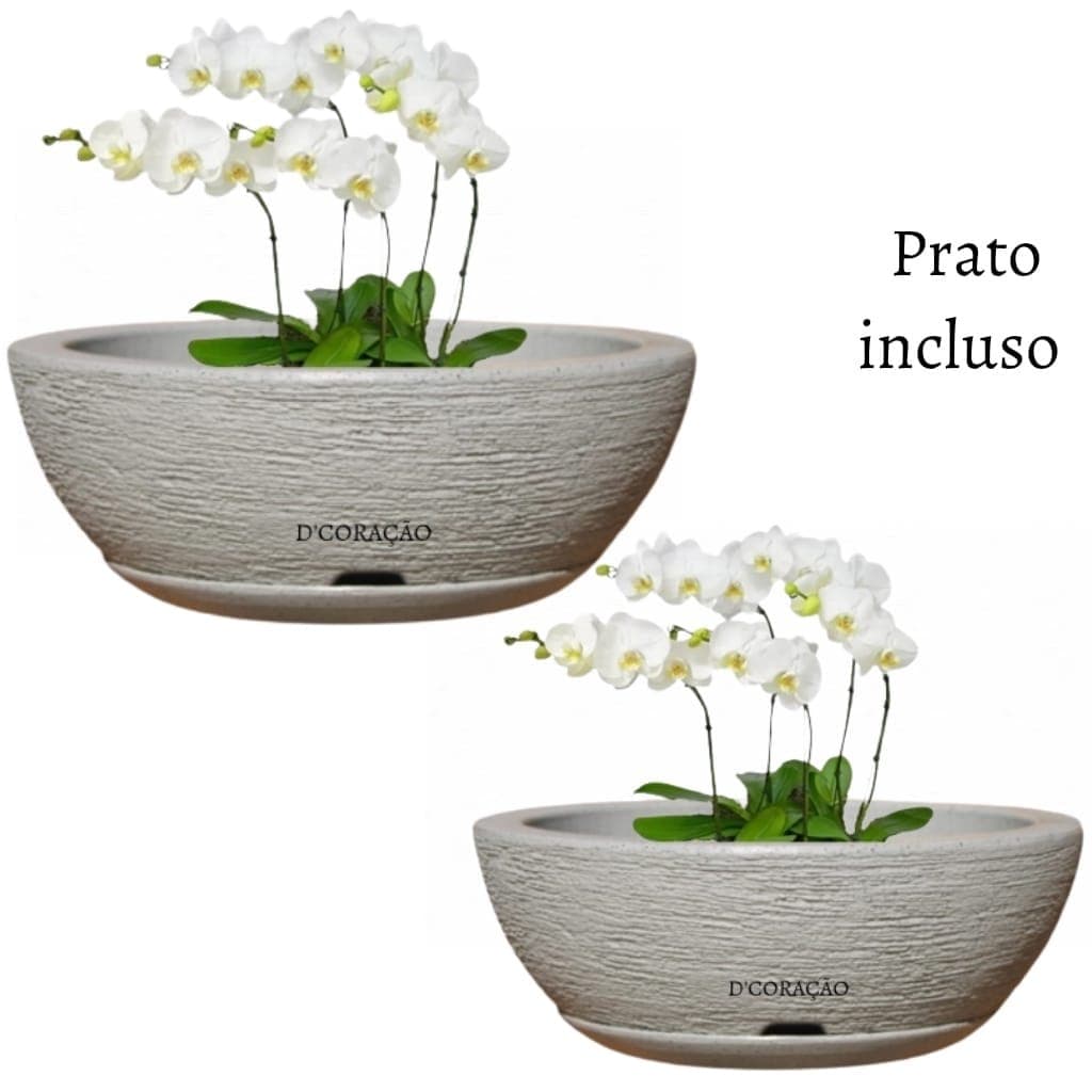 Kit 2 Vasos Para Plantas polietileno Bacia N2 Decorativa Grafiato 34x15 Com Prato