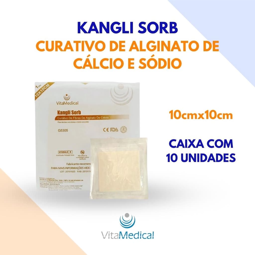Curativo de Fibra de Alginato de Cálcio e Sódio Kangli Sorb 10cm X 10cm (Caixa com 10 Unidades)