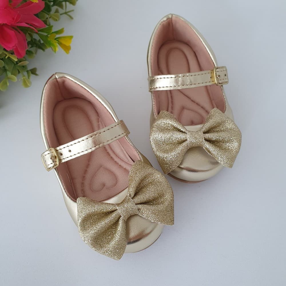 Sapatilha Infantil Feminina Confortável Laço Ouro Fosco Glitter Ponta 16 ao 34