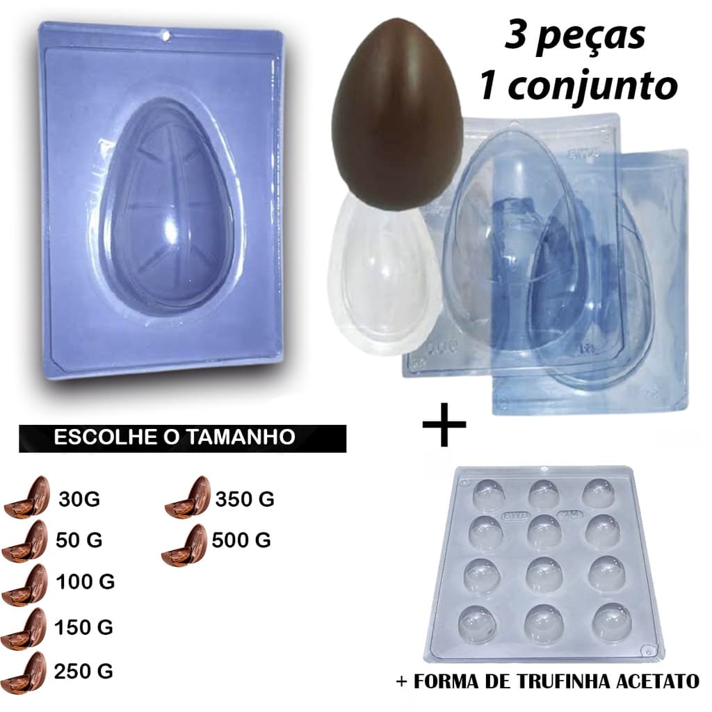 forma de silicone para ovo de pascoa BwB 3 partes 50g 100g 150g 250g 350g