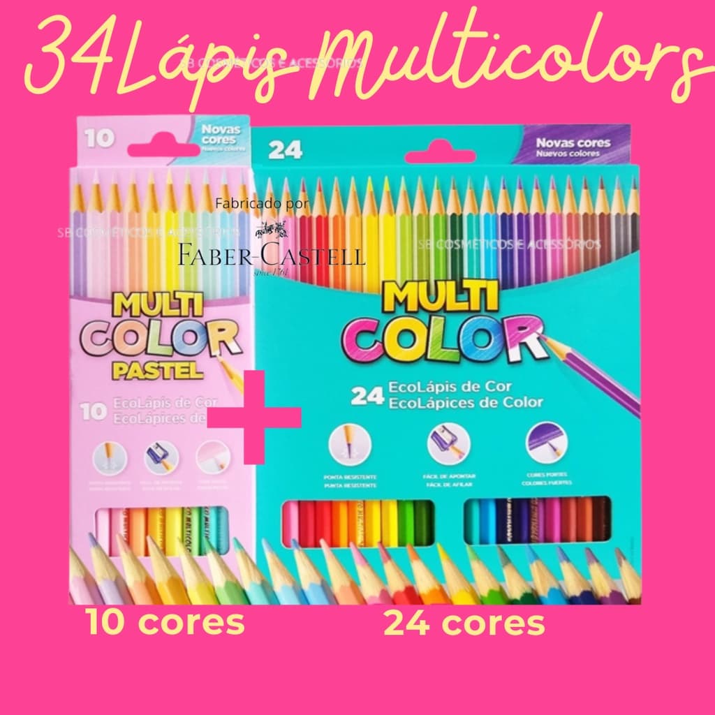 Kit 34 Lápis de cor Multicolor Faber-Castell (24 cores normal + 10 cores Tons Pastel)