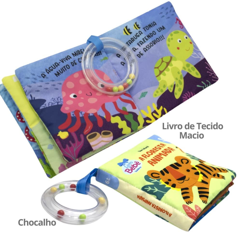 Livro Infantil Sensorial de Pano Livro do Bebê de Tecido com Chocalho