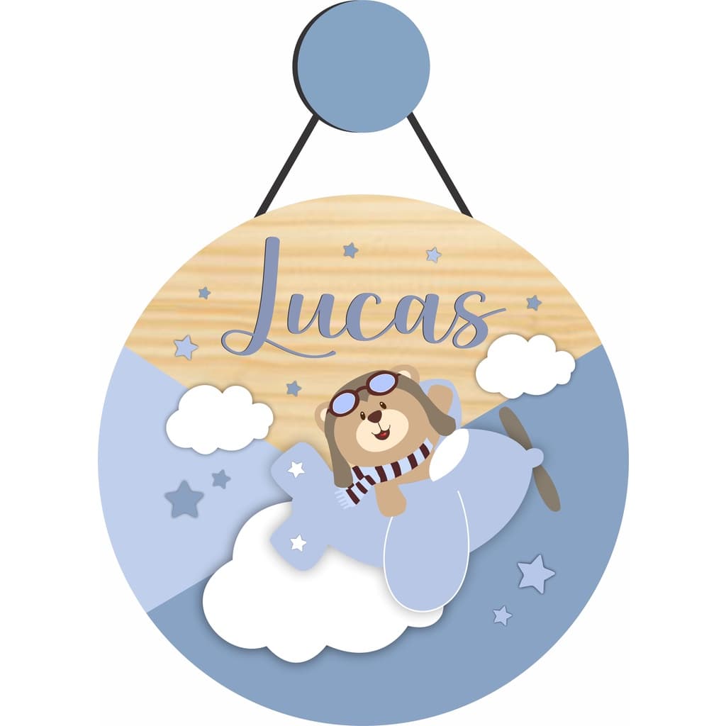 Enfeite Porta Maternidade Urso Aviador, Avião, Ursinho - Nome personalizado - Decoração para quarto!