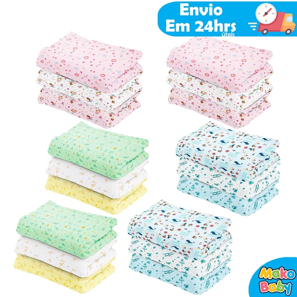 Kit 6 Cueiros Bebê Flanelado Estampado 100% algodão 80cm x 50cm